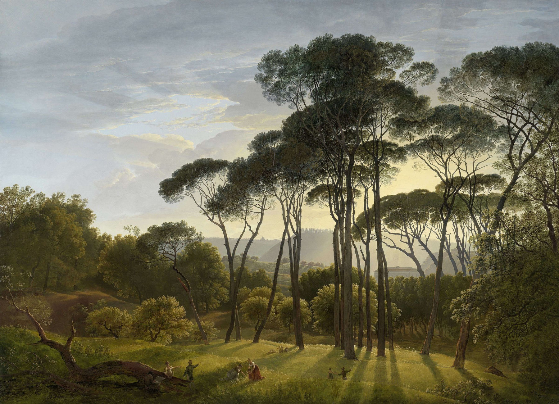 Italian landscape with umbrella pines, painted by Hendrik Voogd