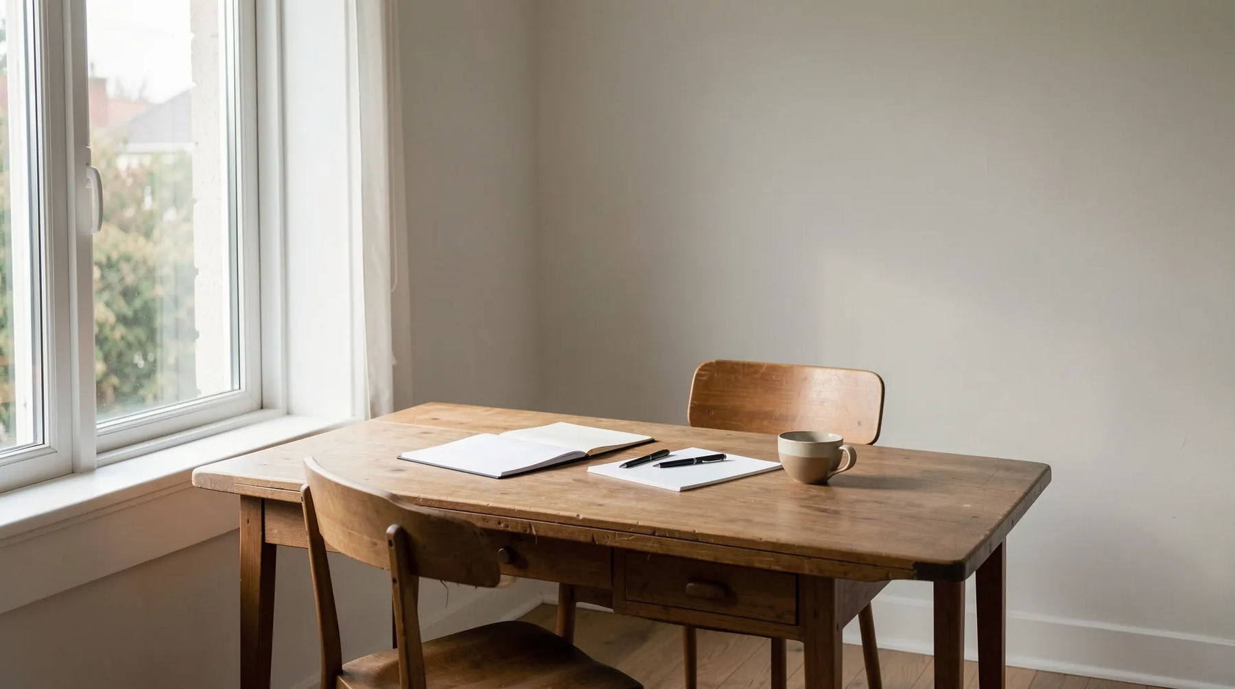 A quiet writing desk by a window, morning light, an empty chair, paper and a cup