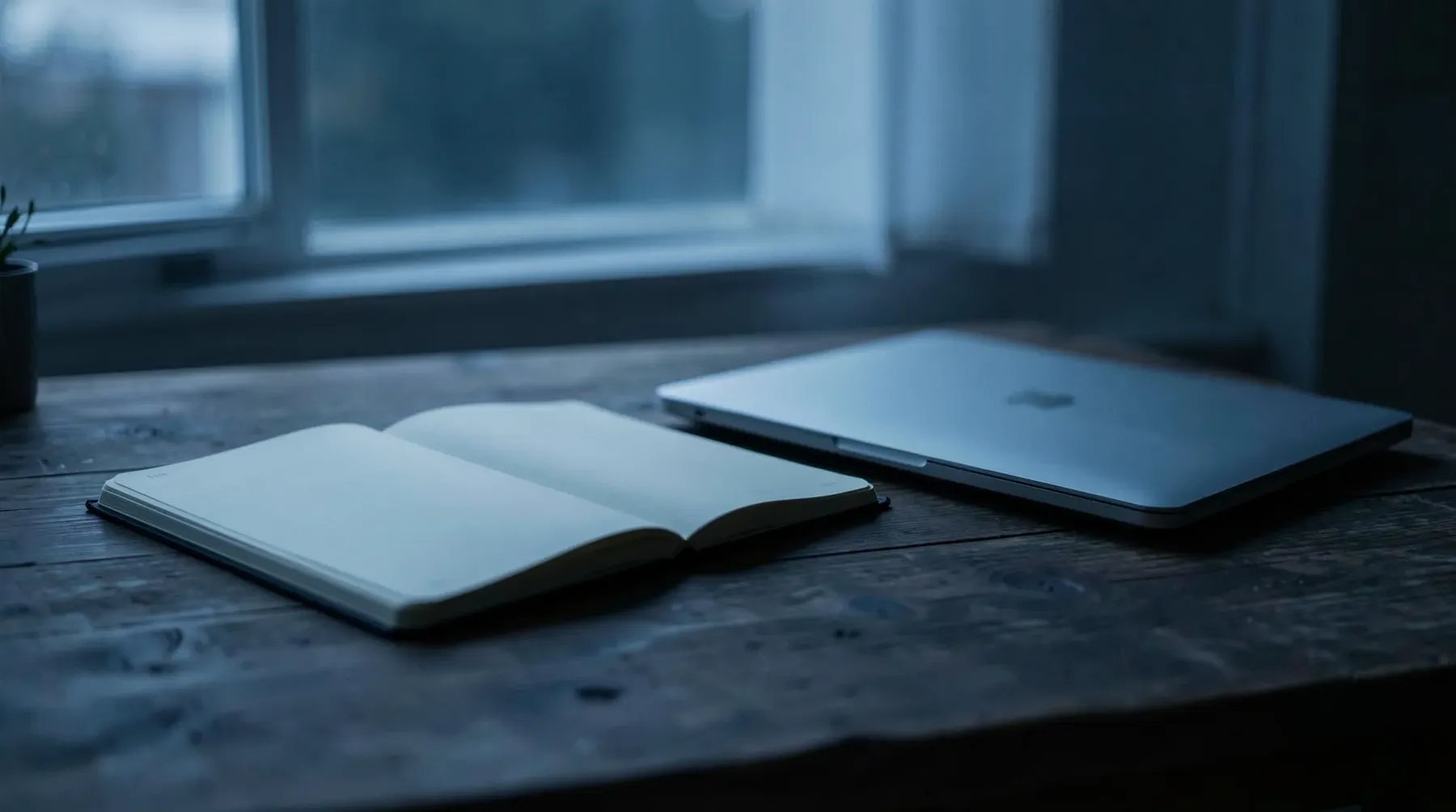 A wide quiet desk in soft morning light, loose paper and a pen, a calm place for writing